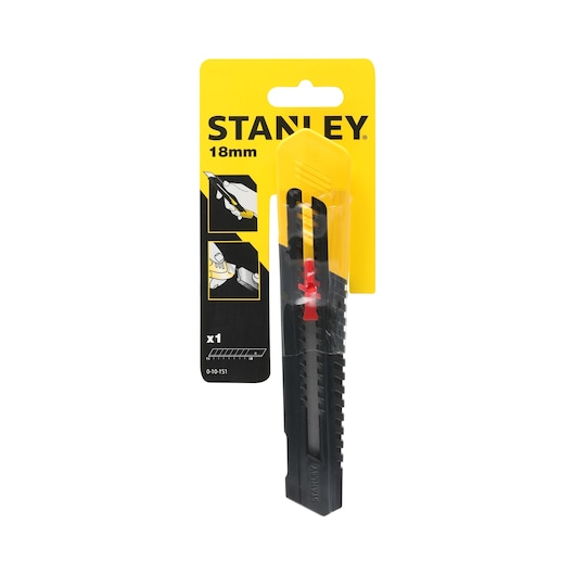 STANLEY 0-10-151 utility knife, 18mm blade, black and yellow, front view on white background.