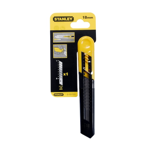 STANLEY 0-10-151 utility knife, 18mm, black and yellow, front packaging photo.