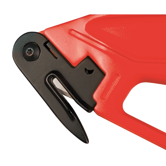 STANLEY 0-10-244 safety knife close-up, showing black hooked blade and red handle, product photography.