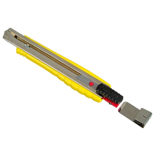STANLEY 0-10-421 yellow utility knife with metal body, retractable blade, and side view on white background.