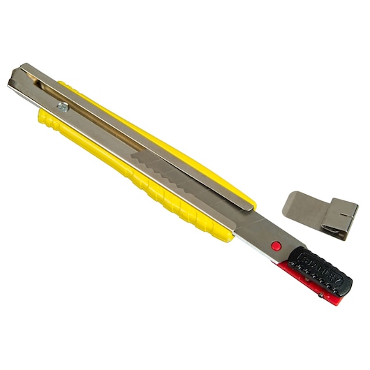 STANLEY 0-10-421 snap-off utility knife with yellow handle and removable metal clip, product side angle.