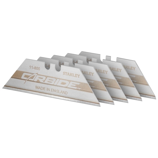 STANLEY 0-11-800 utility knife blades, silver, pack of five, angled view, CARBIDE branding visible.