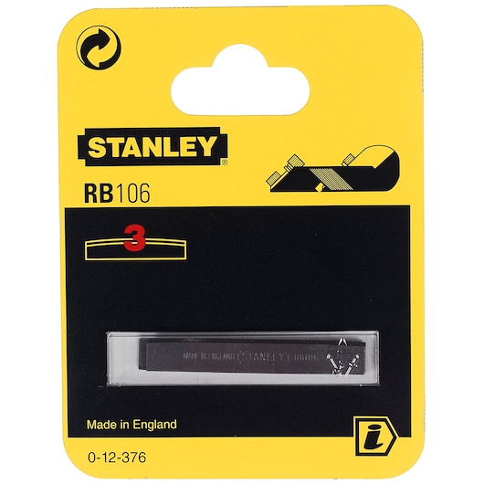 Stanley 0-12-376 photography of RB106 replacement plane blade pack, yellow and black packaging, front view.