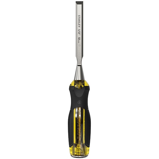 STANLEY 0-16-254 woodworking chisel with yellow and black handle, angled view on white background.