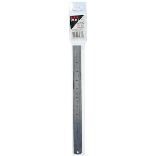 STANLEY 0-35-401 steel ruler, 300mm length, silver color, front view on white background.