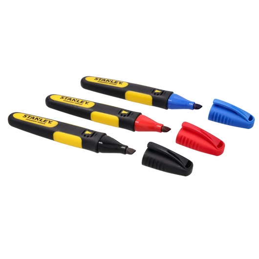 STANLEY® FATMAX® Chisel Tip Marker Pens in black, blue and red (3 Pk) image with lids off pens