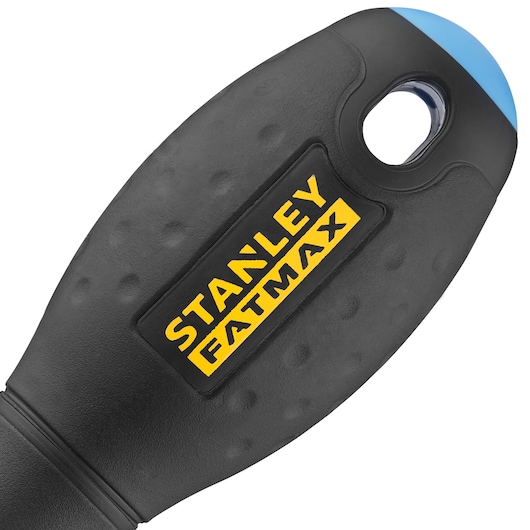 STANLEY 0-62-571 black ergonomic screwdriver handle closeup with yellow FATMAX logo, white background.