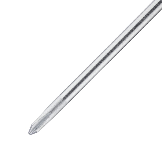 Stanley 0-65-204 Phillips screwdriver shaft close-up, silver metal, white background.