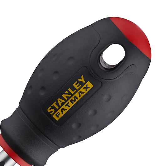 STANLEY 0-65-400 screwdriver handle, black with red tip, close-up angle, FATMAX branding.