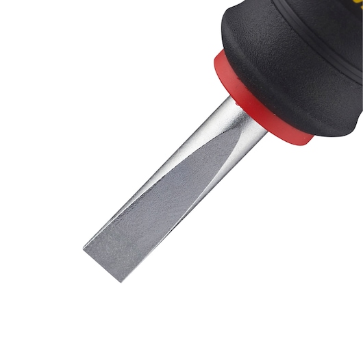 STANLEY 0-65-404 flathead screwdriver close-up with black handle and red accent, product on white background.