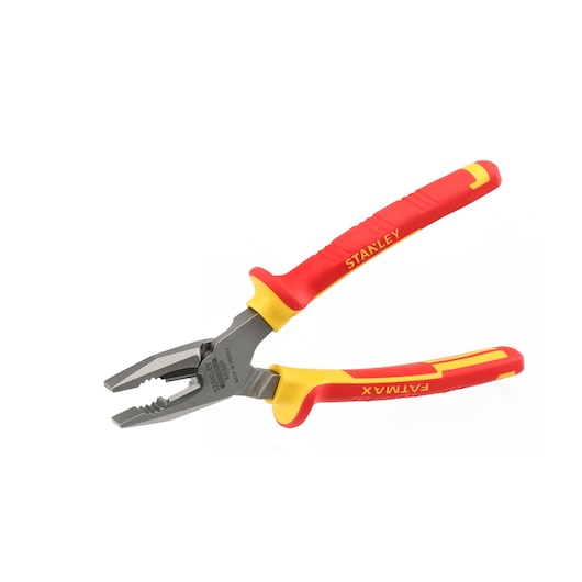 STANLEY 0-84-001 insulated combination pliers with red and yellow handles, product side view on white background.