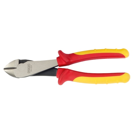 STANLEY 0-84-004 diagonal cutting pliers with red and yellow insulated handles, product photography, side angle.