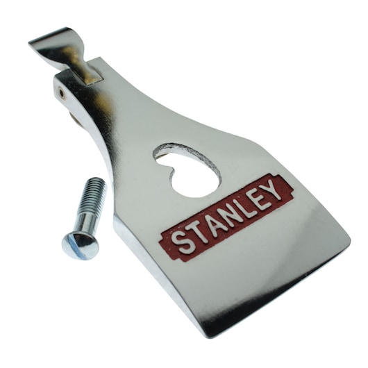Stanley plane part, chrome finish, with screw, red Stanley logo and heart-shaped cut-out on metal.