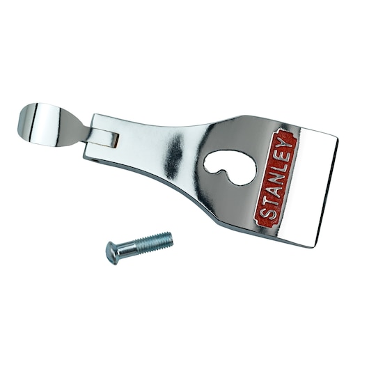 Photo of STANLEY 1-12-707 shiny metal planer lever cap and screw, top angle, red STANLEY logo visible.