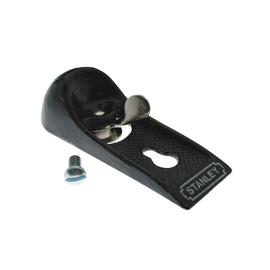 Photo of STANLEY 1-12-711 black metal hand plane body with screw, woodworking tool, angled on white background.