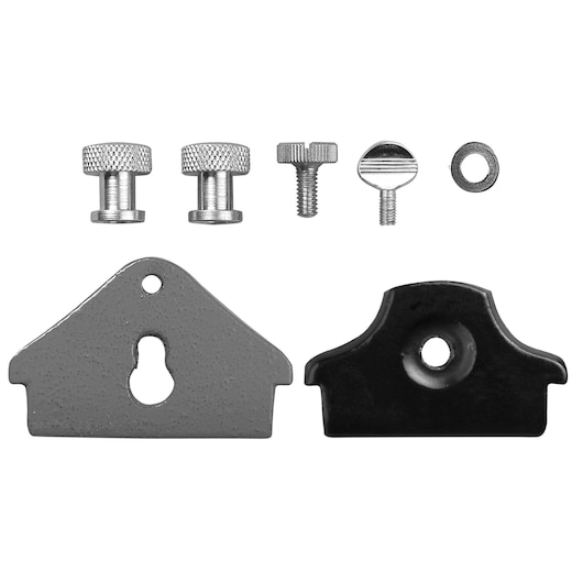 STANLEY 1-12-718 plane parts set with two metal plates, screws, and washer, photography on white background, top view.