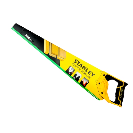 STANLEY 1-20-088 general purpose hand saw with yellow handle, angled on white background.