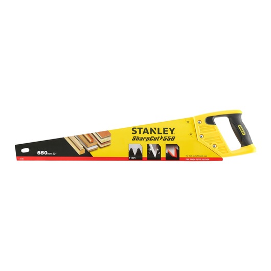 Photo of STANLEY 1-20-091 hand saw, SharpCut 550, yellow and black, side angle, 550mm blade.