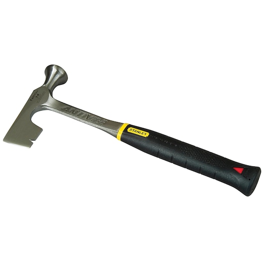STANLEY 1-54-015 steel roofing hammer with black ergonomic grip, side view on white background.