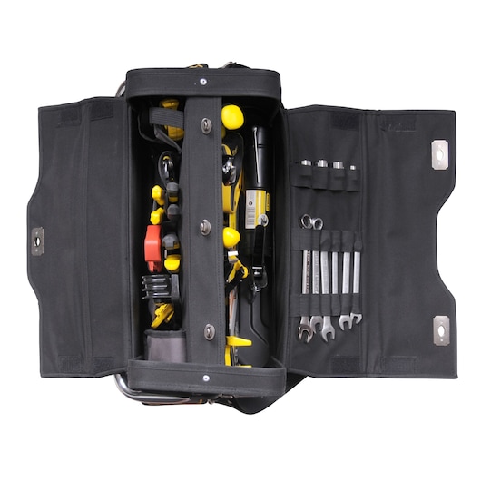 Open Stanley tool bag with organized hand tools, wrenches, and accessories inside black compartments.