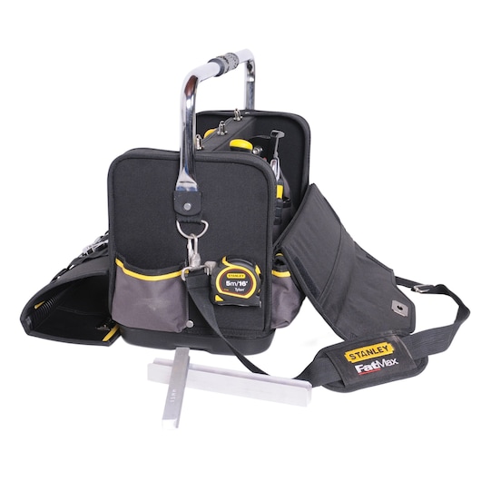 Stanley FatMax tool bag with handle and strap, filled with tools and a tape measure.