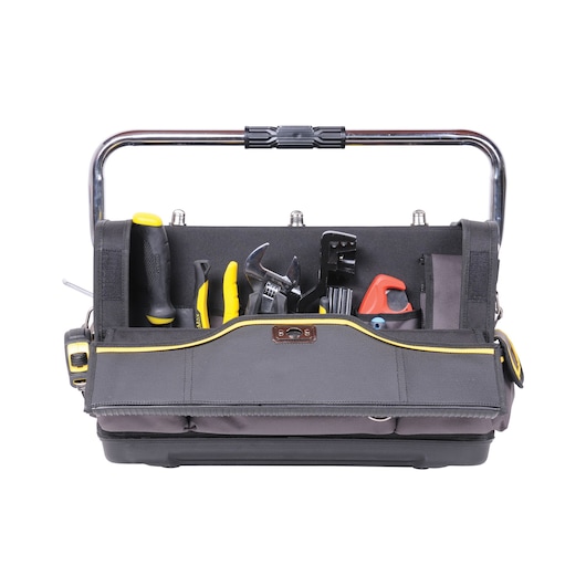Stanley open tool bag with assorted hand tools and a metal handle, suitable for organizing and carrying tools.