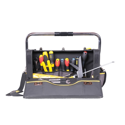 Stanley open tool bag with various hand tools including screwdrivers and wrenches, front flap open.
