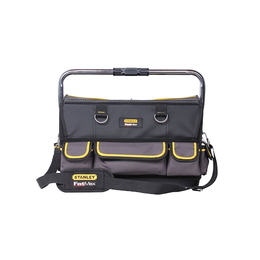 STANLEY 1-70-719 tool bag, FatMax series, black with yellow trim, front angle on white background.