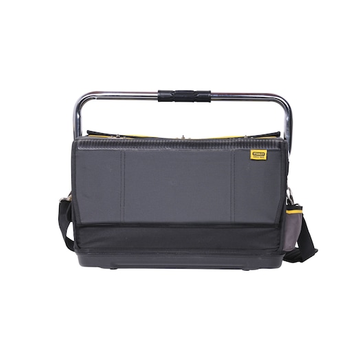 Photo of STANLEY 1-70-719 tool bag with black fabric, rigid base, chrome handle, and shoulder strap, front angle.