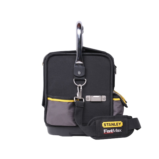 STANLEY 1-70-719 tool bag front angle, black and gray with yellow trim, FatMax logo, metal handle.