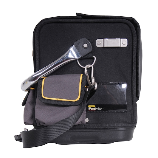 Stanley FatMax black tool bag with handle, front pocket, yellow trim, and shoulder strap.