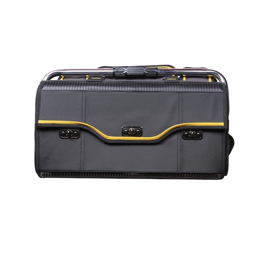 STANLEY 1-70-719 tool bag, black with yellow trim, front angle on white background.