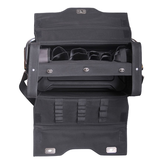 STANLEY 1-70-719 tool bag with open top view, showing compartments and straps, photography on white background.