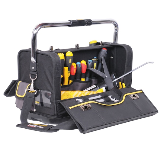 Stanley open tool bag with metal handle, filled with assorted hand tools and accessories.