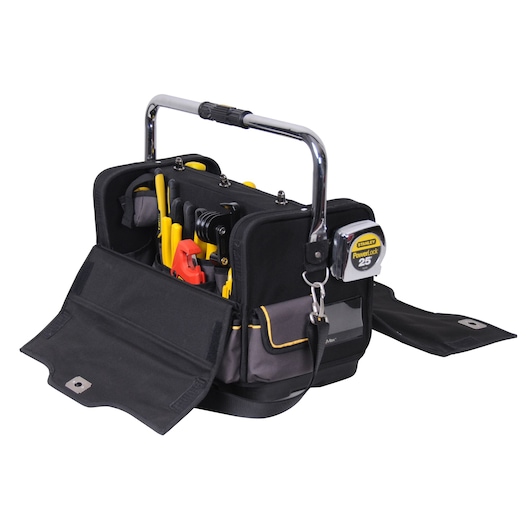 STANLEY 1-70-719 tool bag with open pockets, tools and a metal handle, shown at an angle on a white background.
