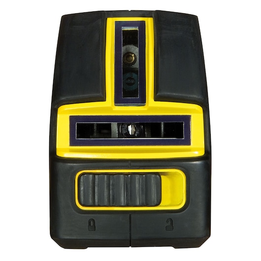 STANLEY 1-77-321 laser level, yellow and black, front view, vertical and horizontal laser windows visible.