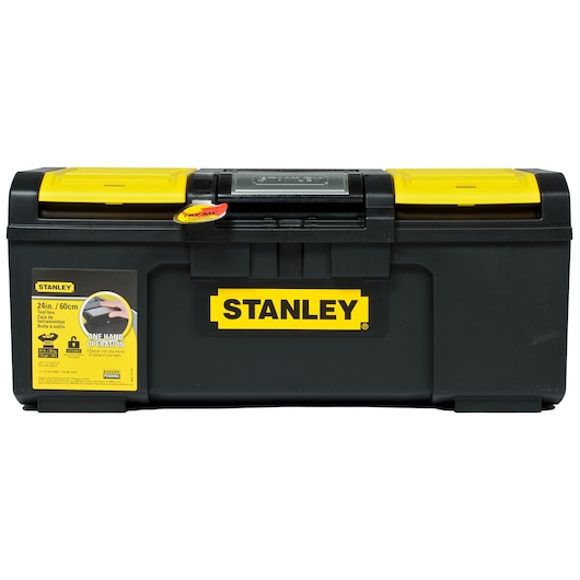 STANLEY 1-79-218 toolbox, black and yellow, front angle on white background, 24in size.