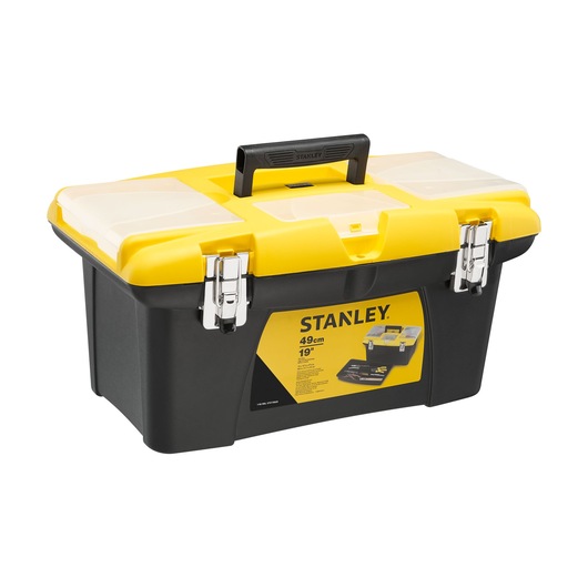 STANLEY black and yellow plastic toolbox with metal latches and top handle, shown against a white background.