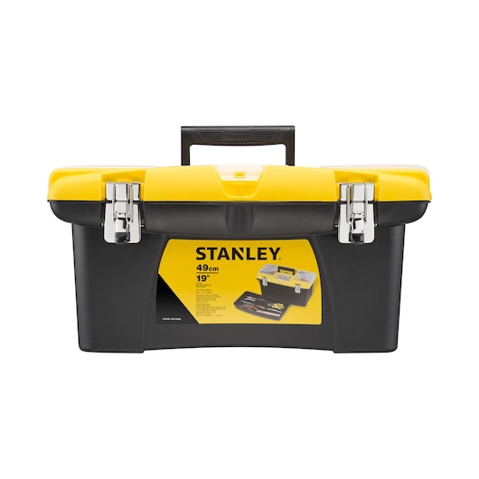 Stanley 19-inch black and yellow toolbox with metal latches, carrying handle, and label on the front.