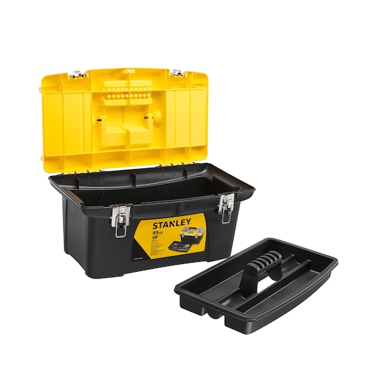 Stanley black and yellow toolbox with open lid and removable tray, suitable for holding tools and accessories.