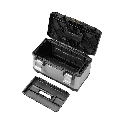 Open STANLEY toolbox with tray, black and silver, showing internal compartments and latches.