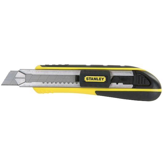 Stanley utility knife, yellow and black, side view on white background