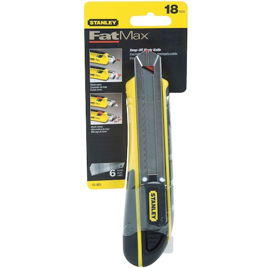 STANLEY 10-481 FatMax snap-off blade knife, 18mm with yellow and black handle, front packaging view.