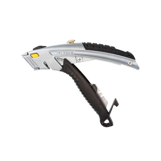 Stanley utility knife with silver metal body, black grip, and open handle, side view on white background