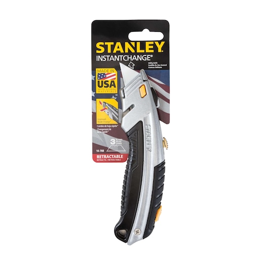 Stanley 10-788 retractable utility knife with silver and black handle, front packaging view.