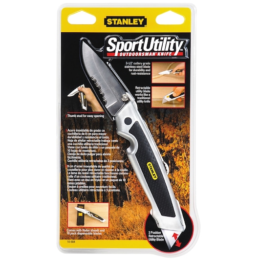 STANLEY 10-804 SportUtility folding outdoorsman knife in retail packaging, black and silver handle, front angle.