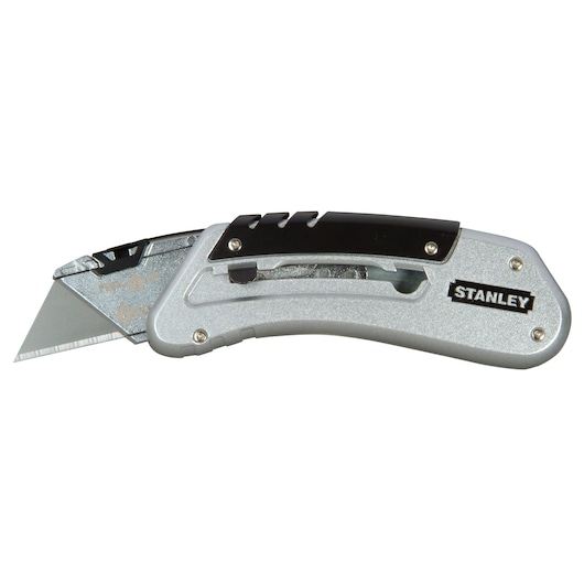 STANLEY 10-810 folding utility knife with silver handle and black grip, side angle on white background.