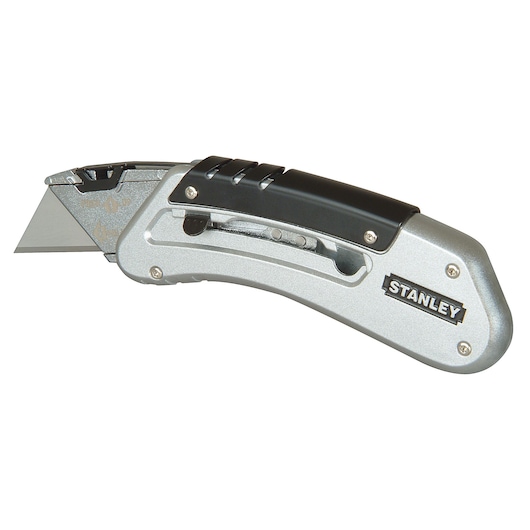 STANLEY 10-810 utility knife, silver and black, left side angle, folding handle, photography on white background.