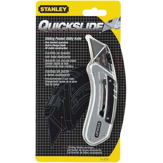 STANLEY 10-810 pocket utility knife in packaging, silver metal blade, front angle, photography product.