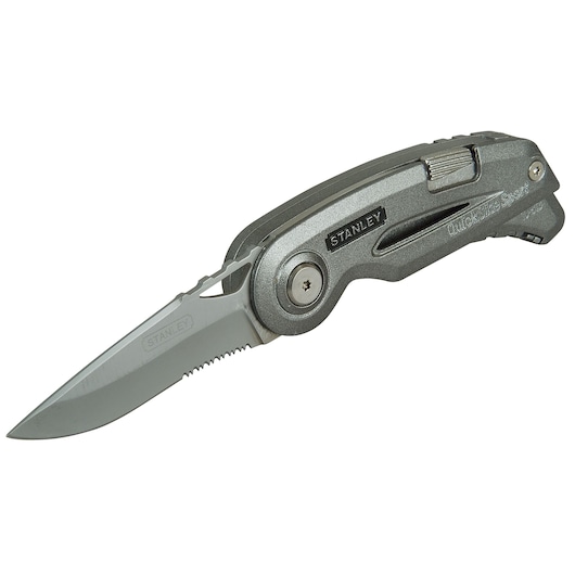 STANLEY 10-813 folding utility knife, silver color, side angle, partially serrated blade.